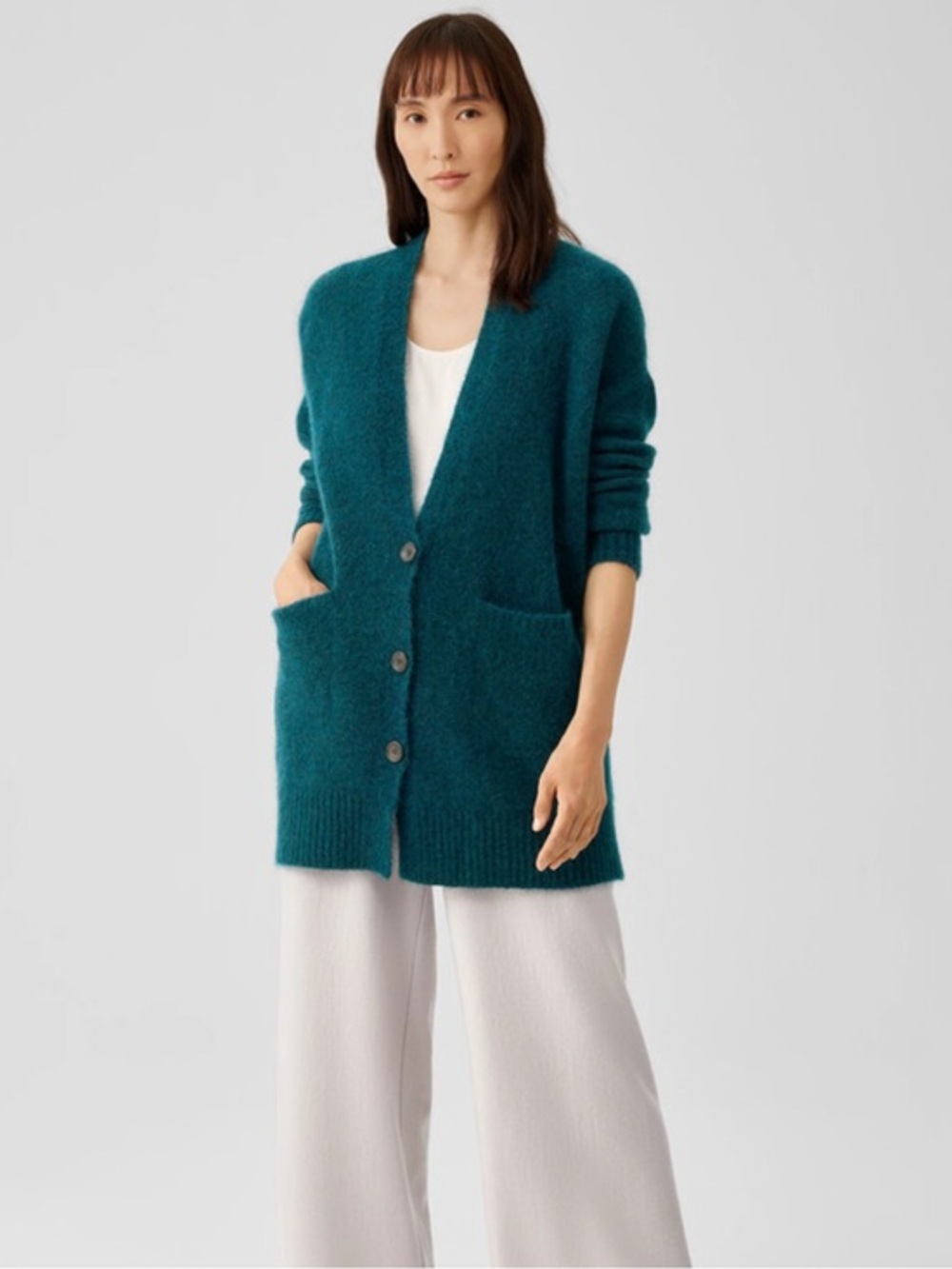 Eileen Fisher Wool Mohair Plush Melange Knit Cardigan Sweater Alpine small